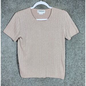 Vintage NIPON Studio Knit Top Womens Size M Pink Metallic Silver Short‎ Sleeve